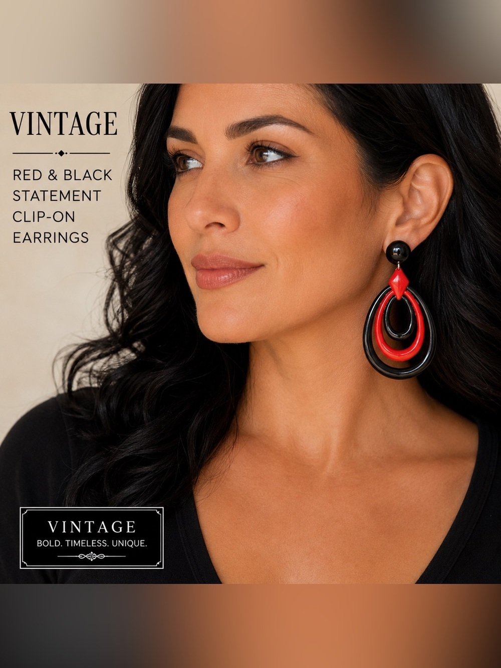 Vintage Red & Black Statement Clip-On Earrings Oversized Geometric Dangle retro